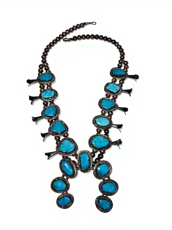 navajo Jewelry - Vintage Navajo Naja Sterling Squash Blossom Necklace with Kingman Turquoise